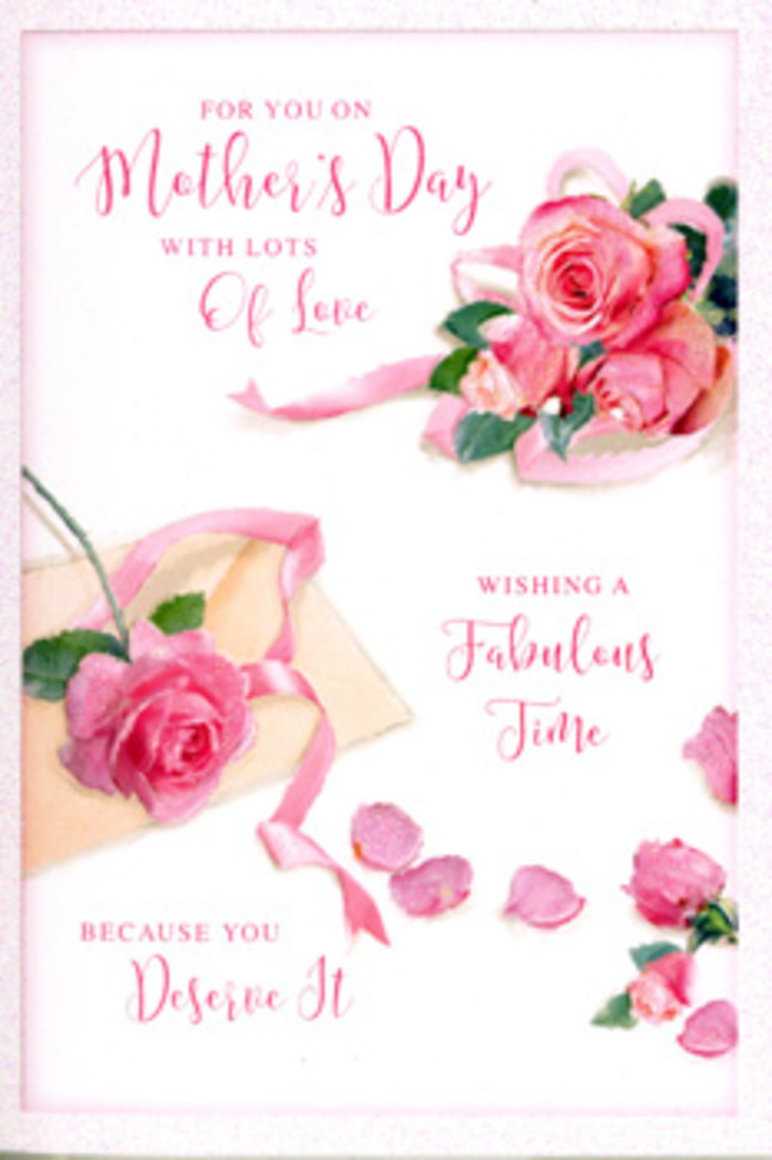 The Mother's Day card in this image unfolds like a small floral tableau, as if arranged by an experienced local florist used to styling windows along Shoreditch High Street. Dominating one side of the card is a loose bouquet of pink roses, their blooms opening in full, rounded layers that range from pale blush at the outer petals to richer rose tones towards the centre. Each petal is gently curved, with soft shading that suggests a velvety touch and the delicate rippling you see in freshly opened garden roses. Around the main cluster, scattered petals rest on a creamy white background, placed in a way that feels natural rather than formal, like the gentle trail of petals left after trimming roses in a studio near Redchurch Street. A slender pastel ribbon winds through the composition, looping around the largest bouquet in smooth arcs, adding a sense of elegance and celebration without overwhelming the florals. The lighting is warm but subtle, as though filtered through a thin curtain, giving the pinks a flattering, romantic glow while keeping the whites soft and inviting. Flowing, hand-lettered script carries a loving Mother's Day greeting, the letters slightly sweeping and curved, echoing the organic lines of the petals and ribbon. The design feels balanced yet relaxed, blending the romance of classic roses with a modern, airy layout that would appeal to families sending flowers and cards across Shoreditch, Hoxton, and nearby city streets. It captures that quiet, appreciative mood of pausing to say thank you, with flowers, for all the unseen care a mother gives every day.