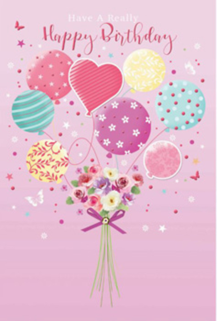 Birthday card illustration showing a bouquet of pastel balloons lifting a hand-tied cluster of flowers, described with the eye of a Shoreditch florist who understands both colour and mood. The background is a gentle blush pink, reminiscent of the evening sky over Columbia Road after the Sunday flower market quiets. In the foreground, a lively bouquet of balloons floats upward as if filled with more than just air-each orb glows in soft fuchsia, pale lemon, sea green, and lavender. Patterns curl and dance across their surfaces: candy-like stripes twist around some, others are dusted in neat polka dots or scattered floral shapes, and one heart-shaped balloon sits proudly among them, adding a clear note of affection and birthday joy. Below, gathered at the base of the strings, is a dainty bouquet that seems freshly tied, with petite roses and daisy-like blooms in cream, blush, and dusky mauve nestled together. Their petals are shaded delicately from light to dark, giving the impression of velvety texture you could almost touch. A satin-purple ribbon wraps around the stems, its bow sparkling subtly where the light catches. That same soft light bathes the entire composition, enhancing the shine on the balloons and casting small, tender shadows that add dimension. Tiny stars and fluttering butterflies drift around, suggesting a garden party dream suspended above the pavements of Shoreditch and Haggerston. Together, the balloons and flowers create a sense of gentle jubilation, like a thoughtfully chosen birthday bouquet ready to be delivered to a studio, café, or warehouse flat just off Kingsland Road, making the recipient feel genuinely cherished.