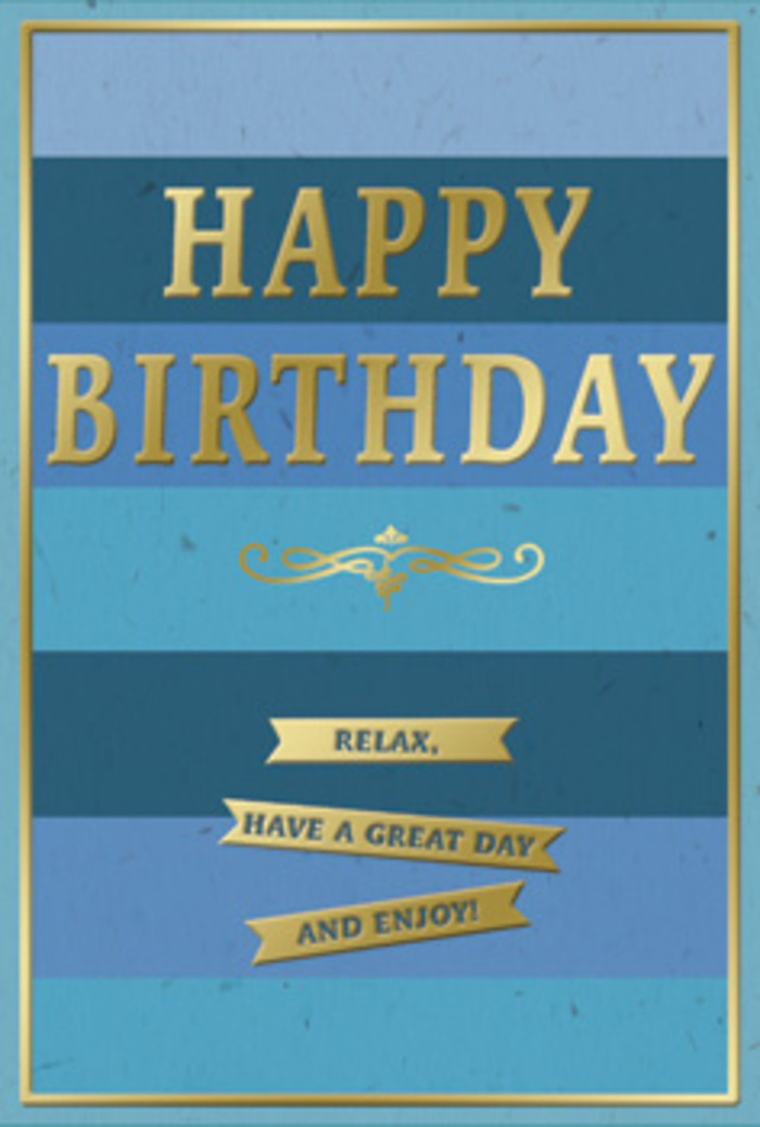 This birthday card presents a harmonious blend of rich blues and luminous gold, with a mood that feels both relaxed and quietly celebratory, like an unhurried evening gathering in Shoreditch. The surface is divided into broad horizontal stripes of blue, each band slightly different from the next, shifting from a strong navy at the base through mellow cobalt and hints of teal, before lifting into lighter, airy blues that evoke a clear sky above Brick Lane rooftops. Centered over these layered tones, the message HAPPY BIRTHDAY stands proudly in bold golden lettering. The letters are embossed, their metallic finish catching any available light the way fairy lights gleam against brick walls on a side street off Old Street. Below the main greeting lies a graceful golden flourish, an ornamental line that curls gently across the width of the card, reminiscent of old bookplates or vintage Shoreditch shop signage. Beneath this sit three slender gold banners, each carrying part of a warm, encouraging wish: Relax, have a great day and enjoy! Their wording is friendly and reassuring, perfectly in tune with the calm blue backdrop. A narrow gold border frames the card's edge, drawing the eye inward and giving the whole piece a polished, finished feel. The card stock appears thick and reassuringly smooth, with a matte blue base that contrasts beautifully against the gleam of the raised gold details. You can imagine this card resting beside a fresh arrangement from Shoreditch Flowers, bathed in soft window light, ready to bring a moment of restful joy to someone spending their birthday in a favourite local cafe, studio, or home.