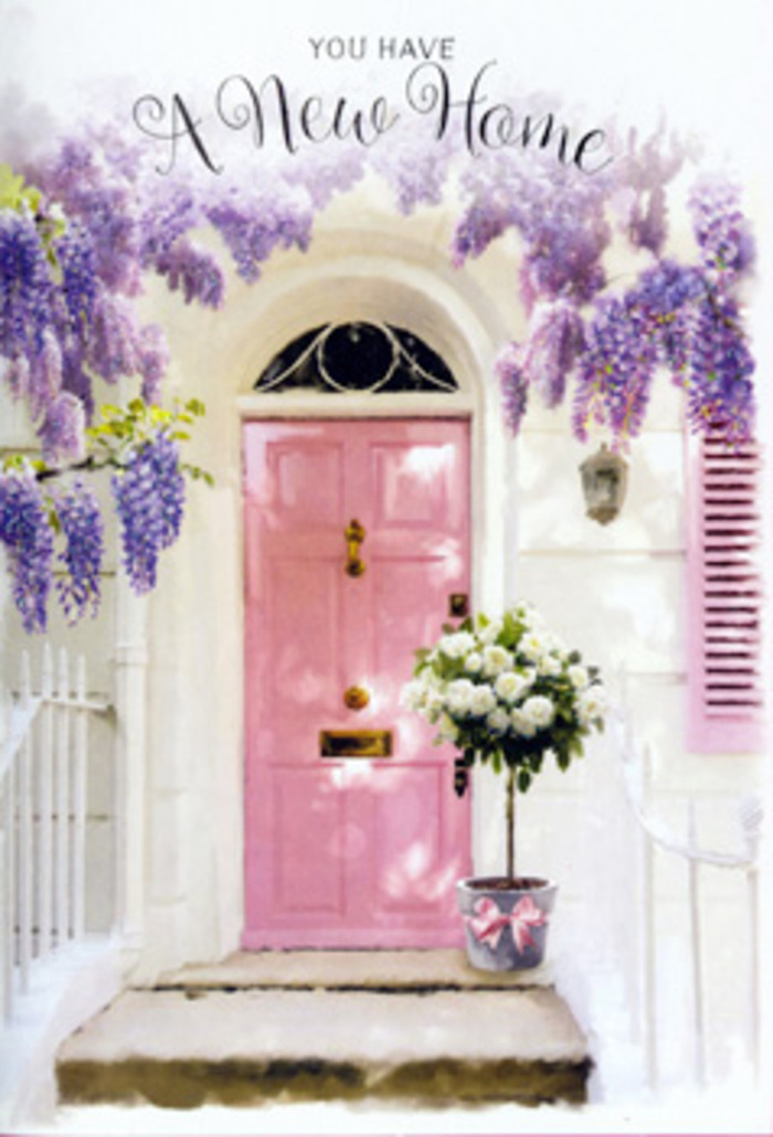A sunlit doorstep in Shoreditch becomes the setting for a story of quiet joy, with a soft pink door acting as the heart of the composition. The door is painted in a delicate candy-floss blush, slightly weathered at the edges, which only adds to its charm, and it sits within a whitewashed wall that reflects the daylight like a soft backdrop. Above, generous drapes of wisteria in shades of lavender and lilac tumble down, their clusters of pea-like blossoms creating a romantic canopy that suggests gentle movement and fragrance, like the sweet scent you might catch walking home past restored terraces near Columbia Road on a breezy afternoon. To one side, a single shutter painted to match the pink of the door adds balance, its slats faintly visible, lending a lived-in feel. The doorstep itself is simple stone, smoothed by use, and on it rests a chic grey metal bucket set slightly off-centre for a relaxed, artistic touch. Overflowing from this bucket is a lush arrangement of white and creamy roses, their petals full and velvety, some just beginning to unfurl, others fully open to reveal buttery centres. Interspersed between the roses are sprigs of soft green foliage, adding texture and a fresh, garden-cut look. A satin ribbon in dusty pink encircles the bucket, tied into a graceful bow that picks up the tones of the door and shutter, creating a coherent pastel palette. The natural light is gentle, with only the mildest shadows, suggesting peace and expectation rather than drama. It feels like the threshold to a newly claimed home, perhaps a converted loft near Brick Lane, where someone has just moved in and chosen flowers to mark the moment. The whole scene has the tender optimism of a new address: hopeful, inviting, and perfect for a floral card that says, without many words, welcome home, this is where your next memories begin.