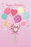 Pastel balloon and floral birthday design that looks as though it could have been sketched in a bright Shoreditch loft, filled with colour charts and ribbon spools. The image sits on a soft pink canvas, where a playful cascade of balloons rises upwards with calm, joyful energy. Each balloon is different yet harmoniously matched: some swirl with candy-coloured stripes, others pop with jaunty polka dots, and a prominent heart-shaped balloon glows warmly in the centre, suggesting love at the heart of the birthday message. Their palette blends gentle pinks, minty greens, warm yellows, and lavender, echoing the creative murals found along Shoreditch side streets. Below this buoyant cluster, a hand-tied bouquet anchors the scene, brimming with delicate roses and anemone-like blooms in ivory, blush, and muted mauve. The flowers are drawn with feathery soft petals and subtle shading, as though they have just been arranged for same-day birthday delivery around Shoreditch, Hoxton, and Spitalfields. A violet satin bow gathers the stems neatly, its sheen catching the same soft light that brightens the balloons above. That light feels like a gentle spring morning, casting a quiet glow and giving the impression of depth without any harsh shadows. Scattered around the arrangement are tiny stars and butterflies, adding a hint of fairy-tale wonder, like confetti drifting slowly to the ground. The overall impression is of a whimsical yet elegant birthday greeting-part bouquet, part balloon display-that captures the delight, tenderness, and sense of celebration you'd expect from a thoughtful local florist in E2.