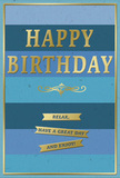 A beautifully composed birthday card in shades of blue and gold captures the gentle, creative spirit of Shoreditch. The background is made of wide, horizontal blue stripes running from bottom to top, the colours gradually transitioning from deep navy through cobalt and teal to a softer sky blue, like layers of twilight over the old warehouses near Curtain Road. At the heart of the design, the words HAPPY BIRTHDAY stretch confidently across the card in large, embossed gold lettering. Each letter is raised and reflective, giving off a soft metallic shimmer when the light touches its surface, reminiscent of warm light glancing off gallery windows on Rivington Street. Just below the central phrase, a refined golden flourish winds gracefully from side to side, adding a note of traditional elegance and a hint of nostalgia. Underneath, three slim golden banners sit one above the other, each imprinted with a line of thoughtful sentiment: Relax, have a great day and enjoy! The text is clear and gently inviting, as if spoken in a kind, steady voice. A thin gold border encircles the entire card, creating a neat, framed effect that amplifies the impression of care and craftsmanship. The card stock looks smooth, with a slightly velvety matte texture under the fingers, while the gold details feel glossy and embossed in contrast. It is easy to picture this card standing next to a simple vase of locally arranged flowers on a Shoreditch kitchen table, morning light streaming in, offering a calm, heartfelt birthday wish amid the bustle of the city outside.